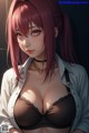 Anime girl with pink hair wearing a white shirt and black bra.